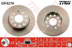 Диск тормозной задний SKODA OCTAVIA (1Z_, 5E_), GOLF V-VI, JETTA IV DF4276 для VW GOLF PLUS (5M1, 521) 1.6 BiFuel 2009-2013, код двигателя CHGA, V см3 1595, кВт 75, л.с. 102, Бензин/автогаз (LPG), TRW/Lucas DF4276